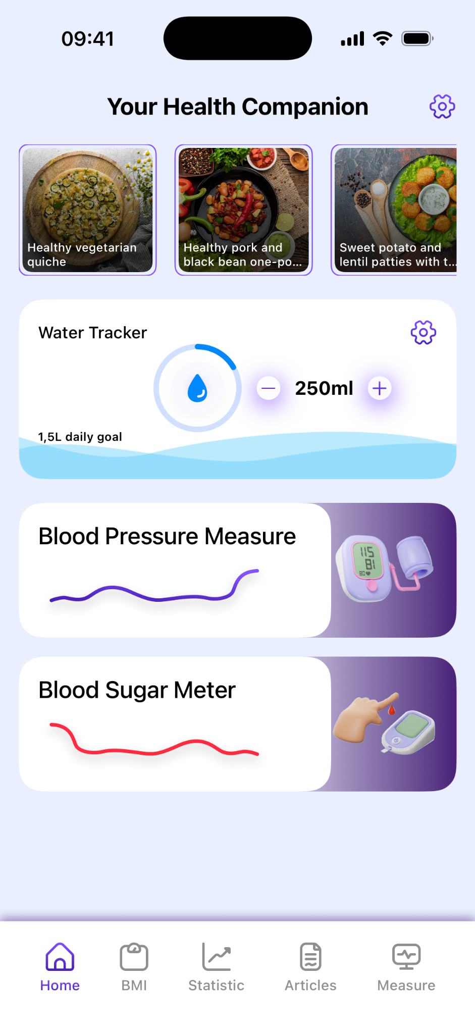 Heart Rate & BP: Glucose Log home screen with wellness tools